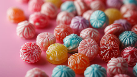 Colorful candies on pink background, closeup. Sweet foodの素材