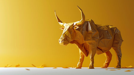3d rendering of a paper origami bull on a yellow backgroundの素材