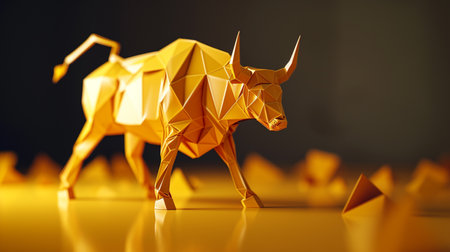 golden origami bull on a dark background. 3d renderingの素材