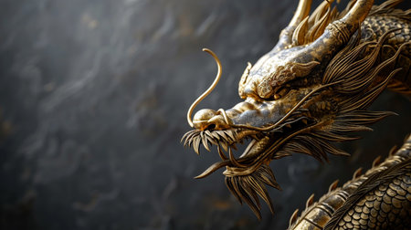 Golden dragon statue on black background, close up, copy space.の素材