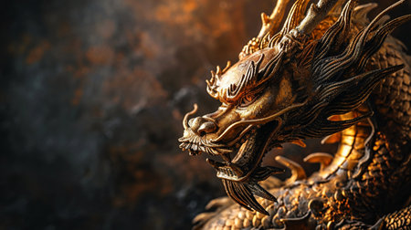 Golden dragon statue on dark background, closeup. Chinese dragon statue.の素材