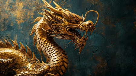 Golden dragon on a dark background. The concept of Chinese mythology.の素材