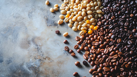 Coffee beans and grains on stone background. Top view with copy spaceの素材