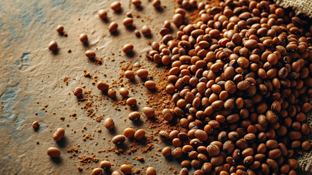 Coffee beans and ground coffee on rustic table, closeupの素材