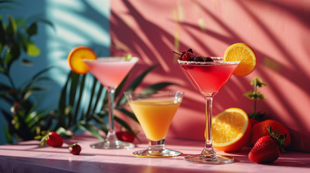 Cocktails with orange, cherry and strawberry on a pink backgroundの素材