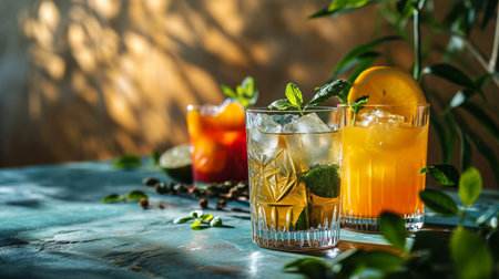 Cocktails with ice, mint and orange on a wooden tableの素材