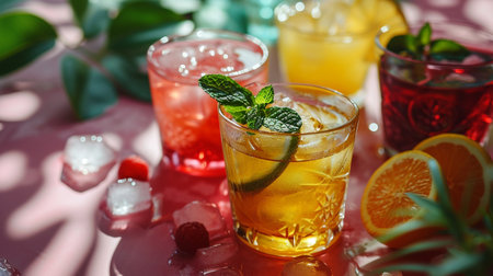 Cocktails with orange, lime and mint on a pink backgroundの素材