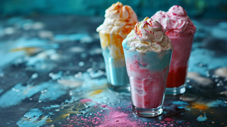 Colorful milkshakes with whipped cream in glass on dark backgroundの素材