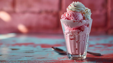 Strawberry ice cream in a glass on a rustic backgroundの素材