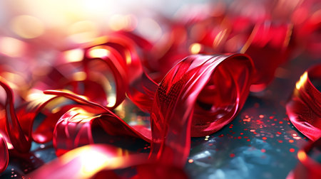 Red ribbons on a dark background. Festive background. 3d renderの素材