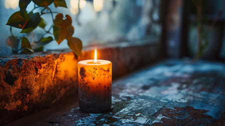 Burning candle on window sill at night, shallow dof.の素材