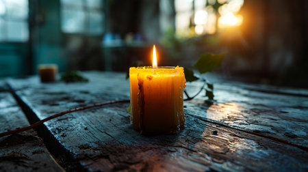 Burning candle on a wooden table in the rays of the setting sunの素材