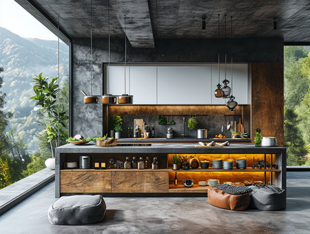 Interior of modern kitchen with wooden walls, concrete floor, gray countertops and wooden cupboards. 3d renderingの素材