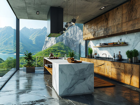 Interior of modern kitchen with white marble walls, concrete floor, panoramic window and wooden countertops with built in sink and cooker. 3d renderingの素材