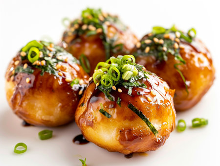 baked scallops with teriyaki sauce on white backgroundの素材