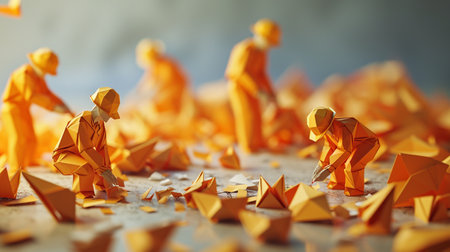 Teamwork and leadership concept. A group of yellow paper men standing on the floor.の素材