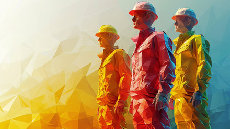 Low polygon style image of two male construction workers standing together.の素材