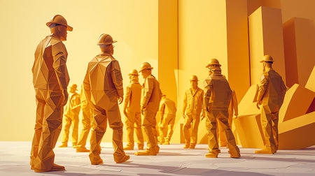 Group of industrial workers in hardhats standing in a row. 3d renderingの素材