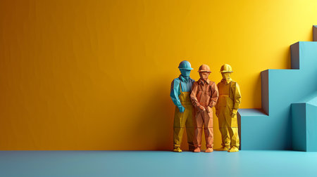 3D rendering of a group of construction workers standing in front of a wallの素材