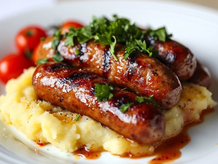Grilled sausages with mashed potatoes on plate, closeupの素材