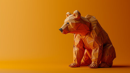 Origami brown bear on orange background. 3d render illustration.の素材