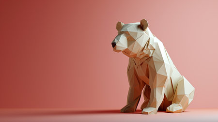 Low poly origami bear isolated on red background. 3d renderingの素材