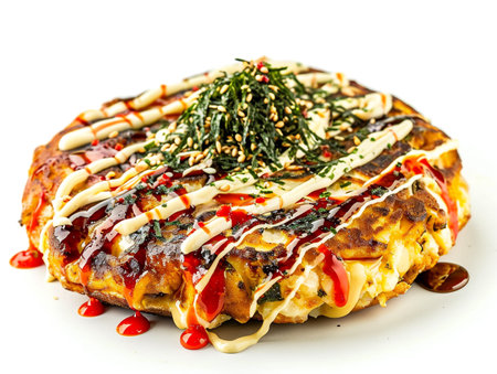 Pancakes with vegetables and sauce on a white background in the restaurantの素材