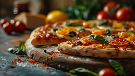 Pizza with mozzarella cheese, tomatoes and basil on a wooden boardの素材