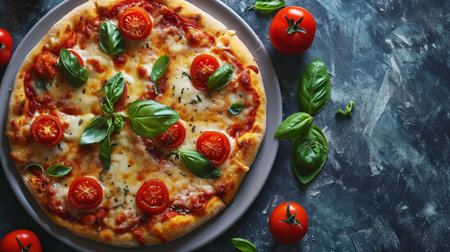 Pizza Margherita with mozzarella cheese, cherry tomatoes and basilの素材