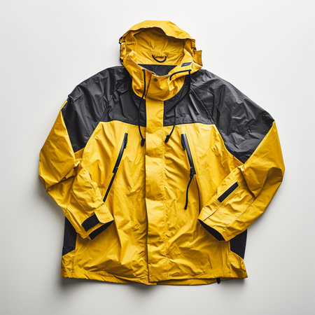 Yellow raincoat isolated on a white background. Windbreaker jacket.の素材
