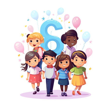 Group of children holding number six. Vector illustration in cartoon style.の素材