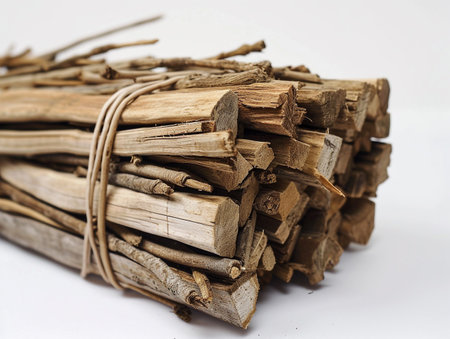 Pile of firewood isolated on white background. Close up.の素材