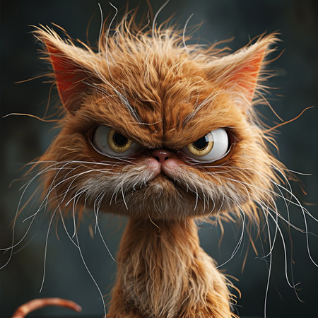 Funny cat with big eyes on dark background. 3d illustrationの素材