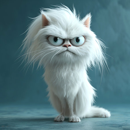 Funny white cat with blue eyes on blue background, closeupの素材