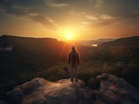 Hiker with backpack standing on the edge of cliff and looking at the sunrise.の素材