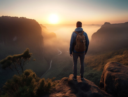 Man with backpack standing on cliff and looking at sunrise over misty valleyの素材