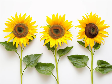 Sunflowers on white background. Flat lay, top view.の素材