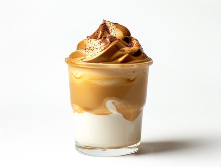 Dalgona coffee with whipped cream in a glass on white backgroundの素材