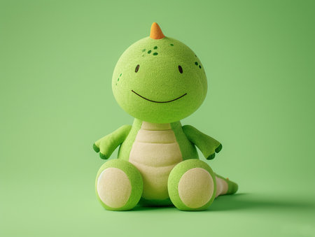 Cute green turtle toy sitting on green background with copy space.の素材