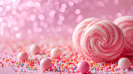 Colorful candies on pink background with bokeh effect.の素材