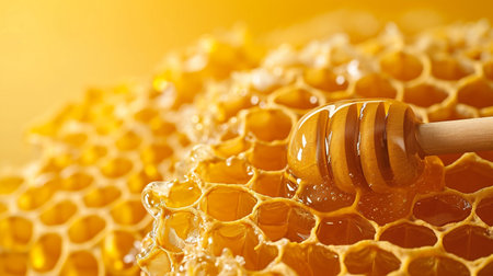 Honeycombs and wooden drizzler on yellow background.の素材