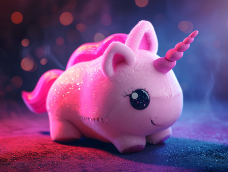 Unicorn pink piggy bank with bokeh background.の素材
