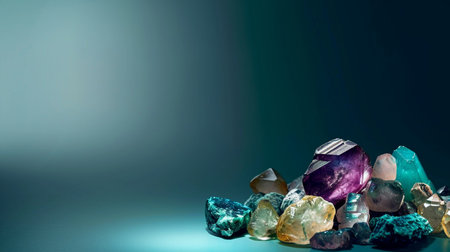 Variety of precious stones on a dark background. Copy space.の素材
