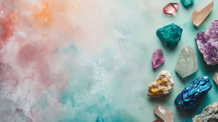 Colorful gemstones on a turquoise background with space for textの素材