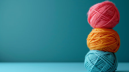 Colorful knitting yarn balls on blue background with copy space for textの素材