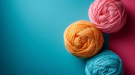 Colorful yarn balls on blue and pink background with copy space.の素材