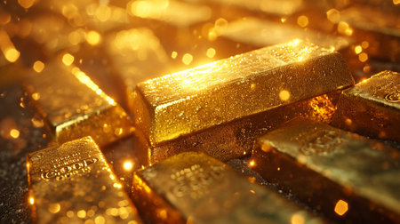 Gold bars close up with golden sparkles, shallow depth of fieldの素材