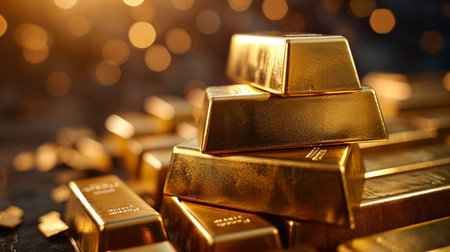 Gold bullion, closeup of golden ingots. Financial conceptの素材