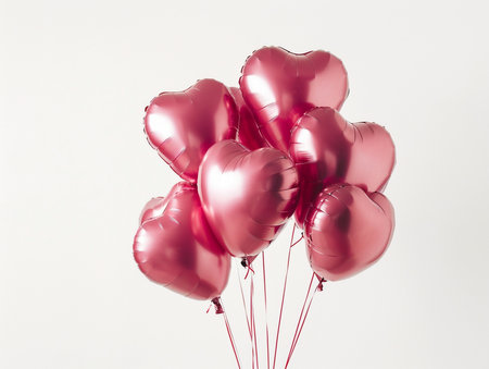 Red and pink heart-shaped balloons on white background, top viewの素材
