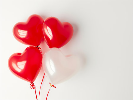 Red and white heart shaped balloons on white background. Valentines day concept.の素材